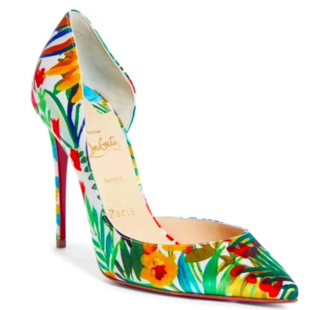 Christian Louboutin Women Iriza Floral Print 4" Half d'Orsay, Green, Sz 35.5 NIB